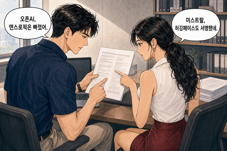 강태윤과 한서윤이 함께 등장하는 웹툰 4컷. 한서윤: 미스트랄, 허깅페이스도 서명했네. 강태윤: 오픈AI, 앤스로픽은 빠졌어.