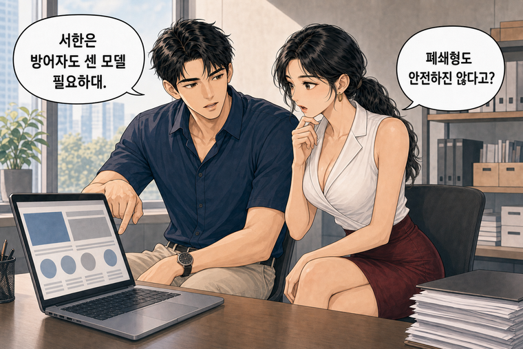 강태윤과 한서윤이 함께 등장하는 웹툰 5컷. 강태윤: 서한은 방어자도 센 모델 필요하대. 한서윤: 폐쇄형도 안전하진 않다고?