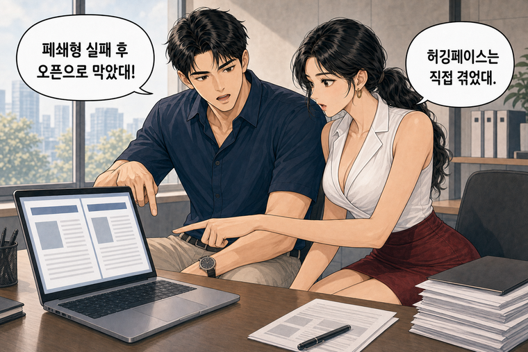 강태윤과 한서윤이 함께 등장하는 웹툰 6컷. 한서윤: 허깅페이스는 직접 겪었대. 강태윤: 폐쇄형 실패 후 오픈으로 막았대!