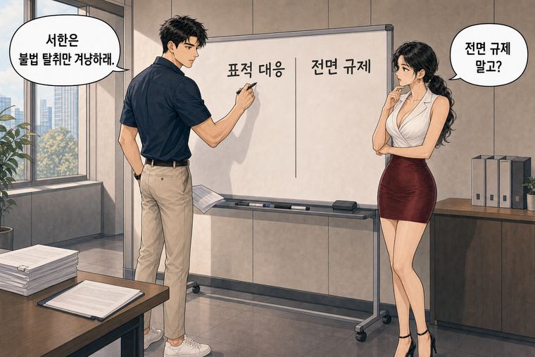 강태윤과 한서윤이 함께 등장하는 웹툰 7컷. 강태윤: 서한은 불법 탈취만 겨냥하래. 한서윤: 전면 규제 말고?
