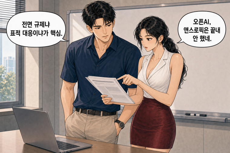 강태윤과 한서윤이 함께 등장하는 웹툰 8컷. 한서윤: 오픈AI, 앤스로픽은 끝내 안 했네. 강태윤: 전면 규제냐 표적 대응이냐가 핵심.