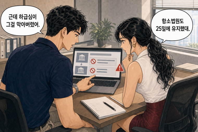 강태윤과 한서윤이 함께 등장하는 웹툰 3컷. 강태윤: 근데 하급심이 그걸 막아버렸어. 한서윤: 항소법원도 25일에 유지했대.