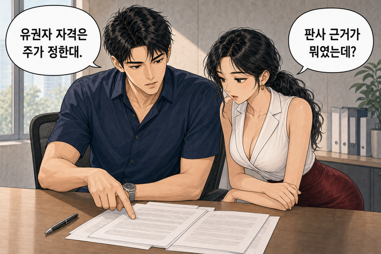 강태윤과 한서윤이 함께 등장하는 웹툰 4컷. 한서윤: 판사 근거가 뭐였는데? 강태윤: 유권자 자격은 주가 정한대.