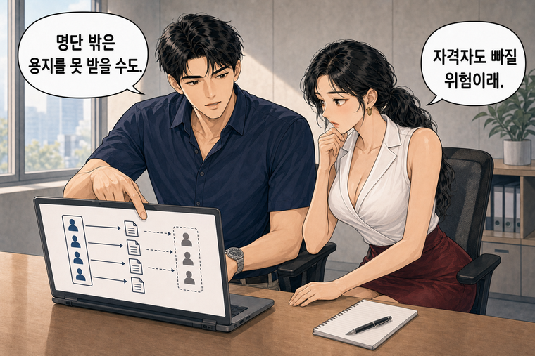 강태윤과 한서윤이 함께 등장하는 웹툰 5컷. 강태윤: 명단 밖은 용지를 못 받을 수도. 한서윤: 자격자도 빠질 위험이래.