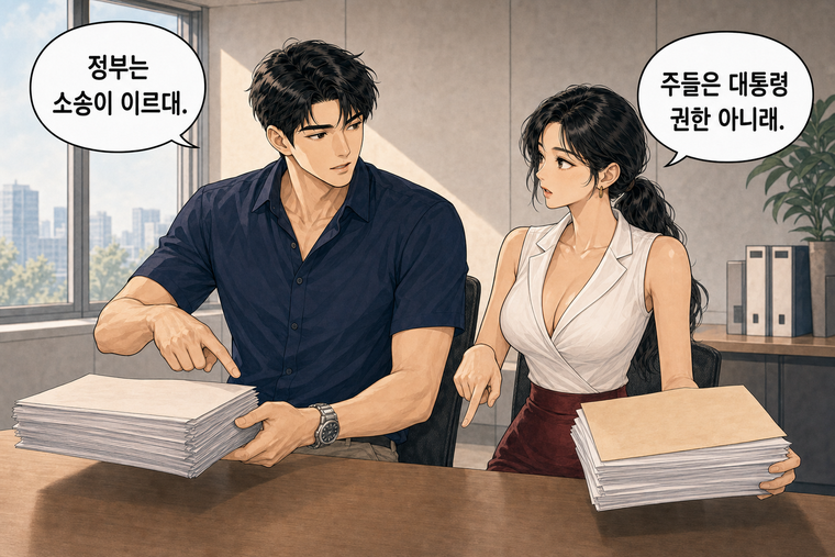 강태윤과 한서윤이 함께 등장하는 웹툰 6컷. 강태윤: 정부는 소송이 이르대. 한서윤: 주들은 대통령 권한 아니래.