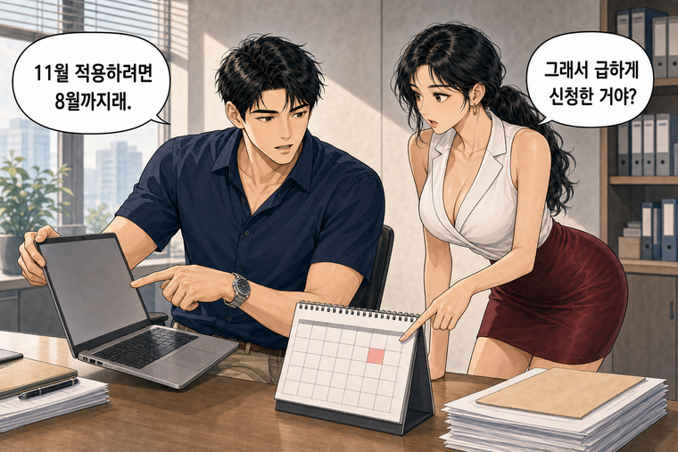 강태윤과 한서윤이 함께 등장하는 웹툰 7컷. 한서윤: 그래서 급하게 신청한 거야? 강태윤: 11월 적용하려면 8월까지래.