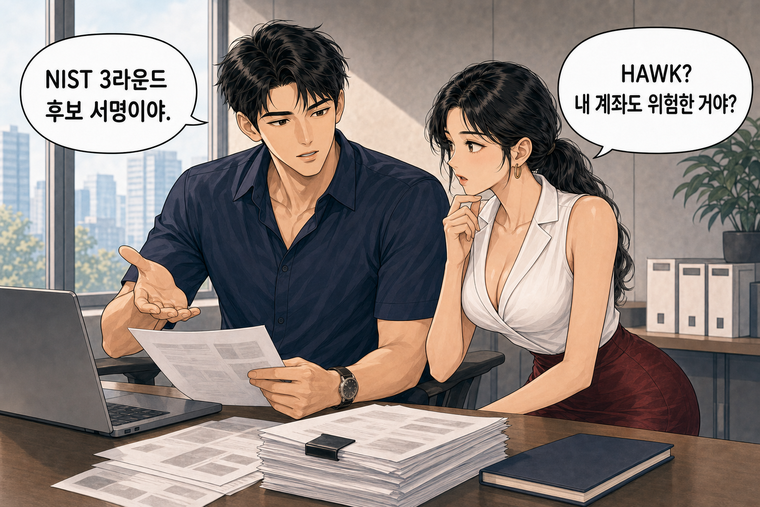 강태윤과 한서윤이 함께 등장하는 웹툰 2컷. 한서윤: HAWK? 내 계좌도 위험한 거야? 강태윤: NIST 3라운드 후보 서명이야.
