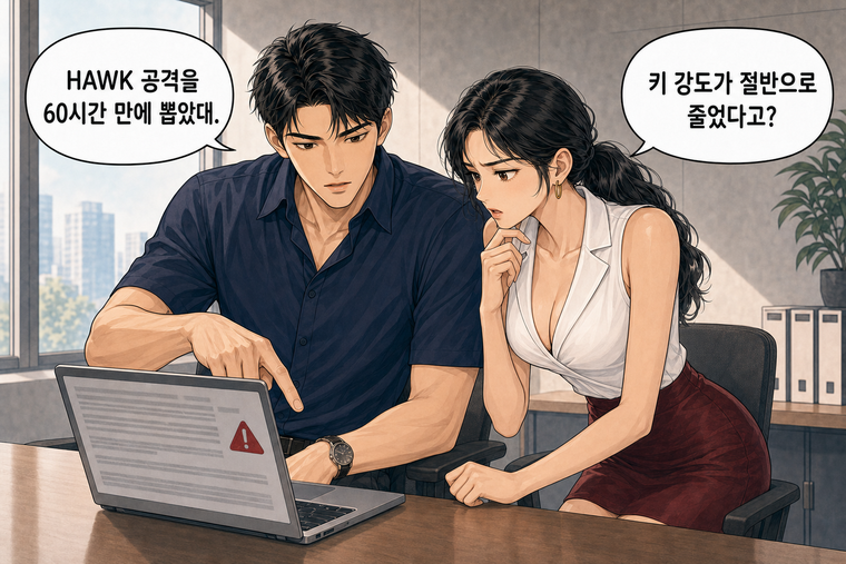 강태윤과 한서윤이 함께 등장하는 웹툰 3컷. 강태윤: HAWK 공격을 60시간 만에 뽑았대. 한서윤: 키 강도가 절반으로 줄었다고?