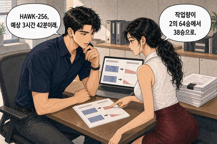 강태윤과 한서윤이 함께 등장하는 웹툰 4컷. 한서윤: 작업량이 2의 64승에서 38승으로. 강태윤: HAWK-256, 예상 3시간 42분이래.