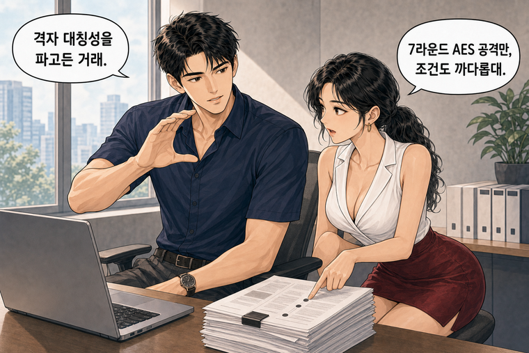 강태윤과 한서윤이 함께 등장하는 웹툰 5컷. 강태윤: 격자 대칭성을 파고든 거래. 한서윤: 7라운드 AES 공격만, 조건도 까다롭대.