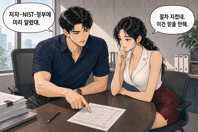 강태윤과 한서윤이 함께 등장하는 웹툰 6컷. 강태윤: 저자·NIST·정부에 미리 알렸대. 한서윤: 절차 지켰네. 이건 믿을 만해.