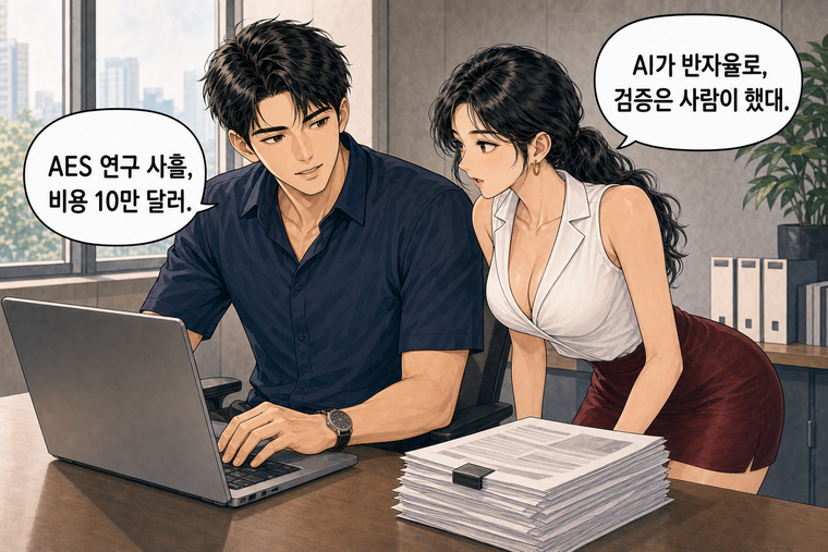 강태윤과 한서윤이 함께 등장하는 웹툰 7컷. 한서윤: AI가 반자율로, 검증은 사람이 했대. 강태윤: AES 연구 사흘, 비용 10만 달러.