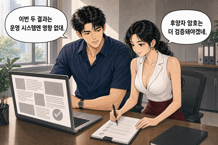 강태윤과 한서윤이 함께 등장하는 웹툰 8컷. 강태윤: 이번 두 결과는 운영 시스템엔 영향 없대. 한서윤: 후양자 암호는 더 검증돼야겠네.