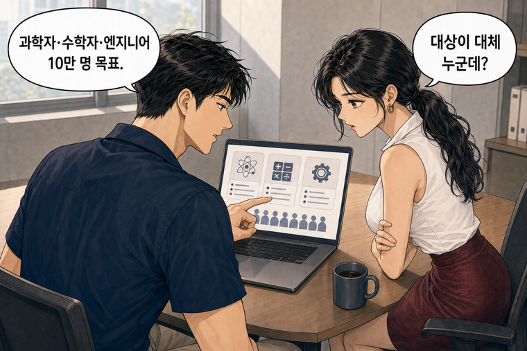강태윤과 한서윤이 함께 등장하는 웹툰 2컷. 한서윤: 대상이 대체 누군데? 강태윤: 과학자·수학자·엔지니어 10만 명 목표.