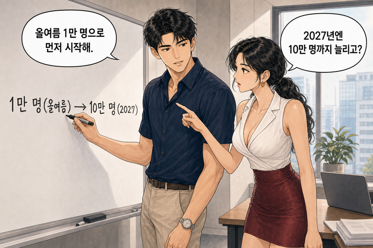 강태윤과 한서윤이 함께 등장하는 웹툰 3컷. 강태윤: 올여름 1만 명으로 먼저 시작해. 한서윤: 2027년엔 10만 명까지 늘리고?