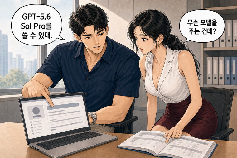 강태윤과 한서윤이 함께 등장하는 웹툰 4컷. 한서윤: 무슨 모델을 주는 건데? 강태윤: GPT-5.6 Sol Pro를 쓸 수 있대.