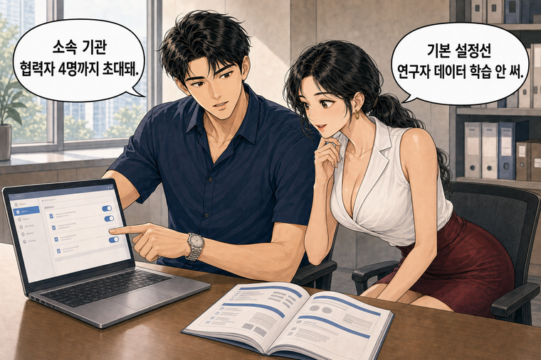 강태윤과 한서윤이 함께 등장하는 웹툰 5컷. 강태윤: 소속 기관 협력자 4명까지 초대돼. 한서윤: 기본 설정선 연구자 데이터 학습 안 써.