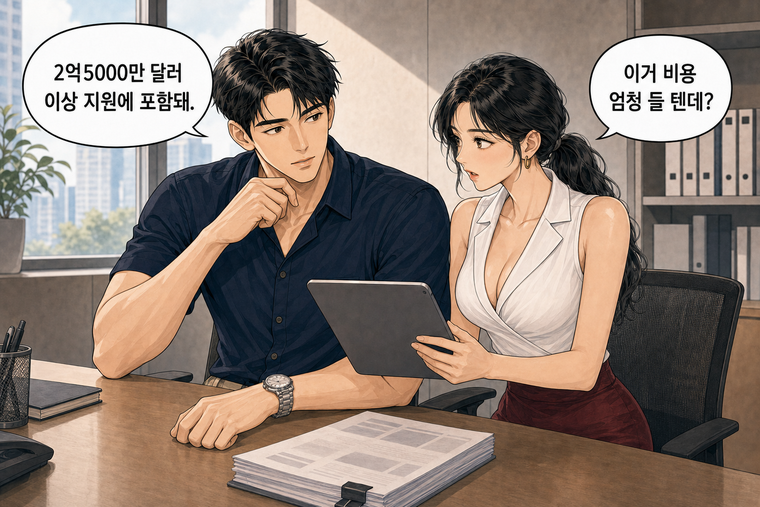 강태윤과 한서윤이 함께 등장하는 웹툰 6컷. 한서윤: 이거 비용 엄청 들 텐데? 강태윤: 2억5000만 달러 이상 지원에 포함돼.