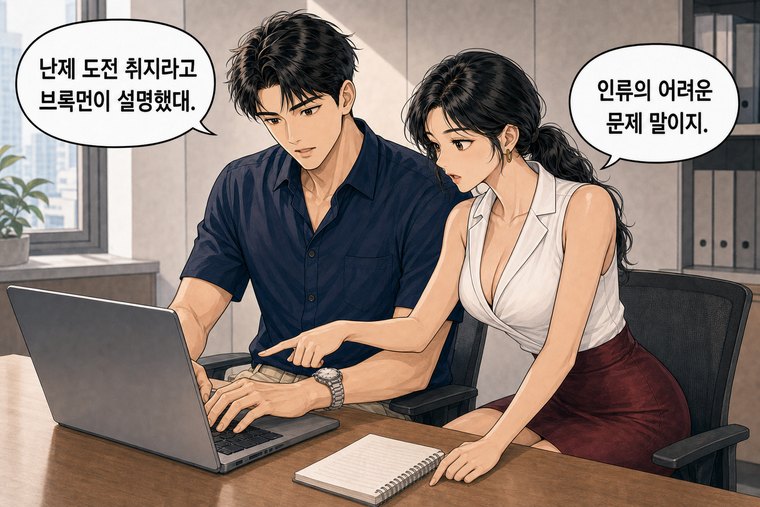 강태윤과 한서윤이 함께 등장하는 웹툰 7컷. 강태윤: 난제 도전 취지라고 브록먼이 설명했대. 한서윤: 인류의 어려운 문제 말이지.