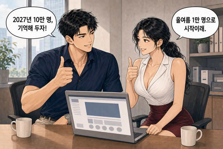 강태윤과 한서윤이 함께 등장하는 웹툰 8컷. 한서윤: 올여름 1만 명으로 시작이래. 강태윤: 2027년 10만 명, 기억해 두자!