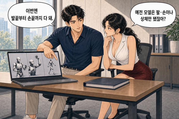 강태윤과 한서윤이 함께 등장하는 웹툰 2컷. 한서윤: 예전 모델은 팔·손이나 상체만 됐잖아? 강태윤: 이번엔 발끝부터 손끝까지 다 돼.