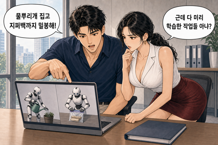 강태윤과 한서윤이 함께 등장하는 웹툰 3컷. 강태윤: 물뿌리개 집고 지퍼백까지 밀봉해! 한서윤: 근데 다 미리 학습한 작업들 아냐?