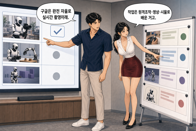 강태윤과 한서윤이 함께 등장하는 웹툰 4컷. 강태윤: 구글은 완전 자율로 실시간 촬영이래. 한서윤: 작업은 원격조작·영상·시뮬로 배운 거고.