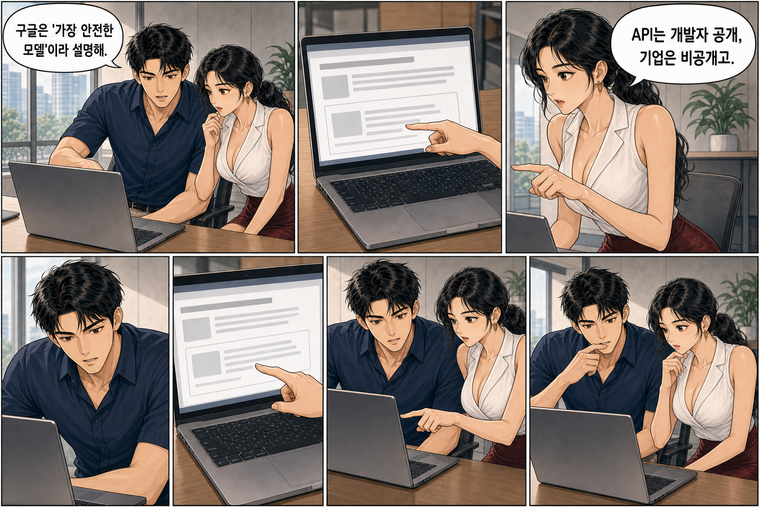 강태윤과 한서윤이 함께 등장하는 웹툰 7컷. 강태윤: 구글은 '가장 안전한 모델'이라 설명해. 한서윤: API는 개발자 공개, 기업은 비공개고.