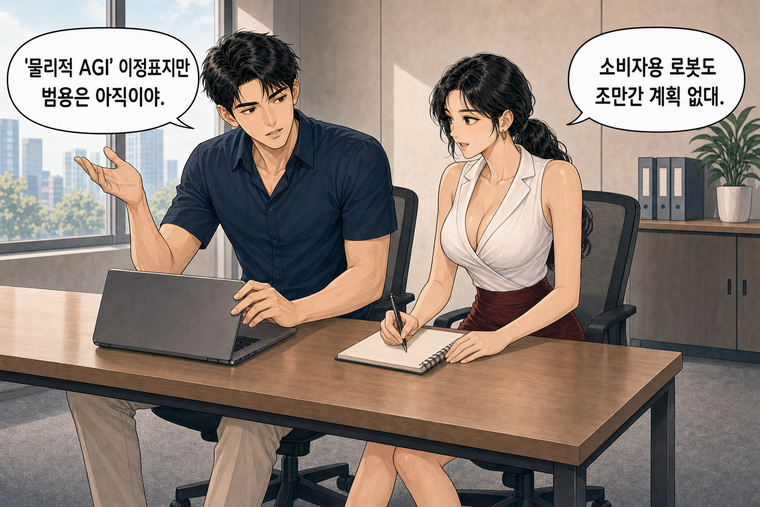 강태윤과 한서윤이 함께 등장하는 웹툰 8컷. 강태윤: '물리적 AGI' 이정표지만 범용은 아직이야. 한서윤: 소비자용 로봇도 조만간 계획 없대.