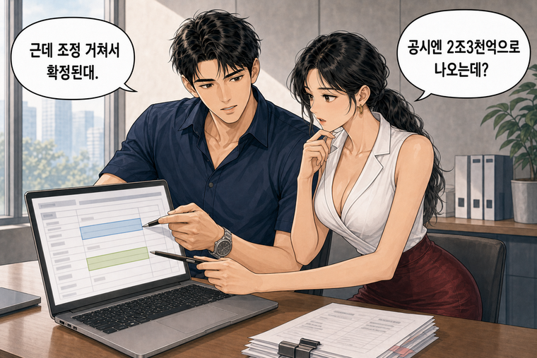 강태윤과 한서윤이 함께 등장하는 웹툰 2컷. 한서윤: 공시엔 2조3천억으로 나오는데? 강태윤: 근데 조정 거쳐서 확정된대.