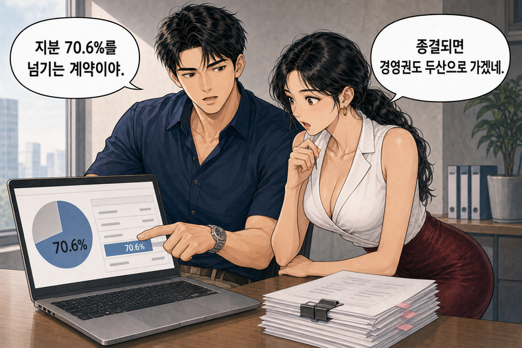 강태윤과 한서윤이 함께 등장하는 웹툰 3컷. 강태윤: 지분 70.6%를 넘기는 계약이야. 한서윤: 종결되면 경영권도 두산으로 가겠네.