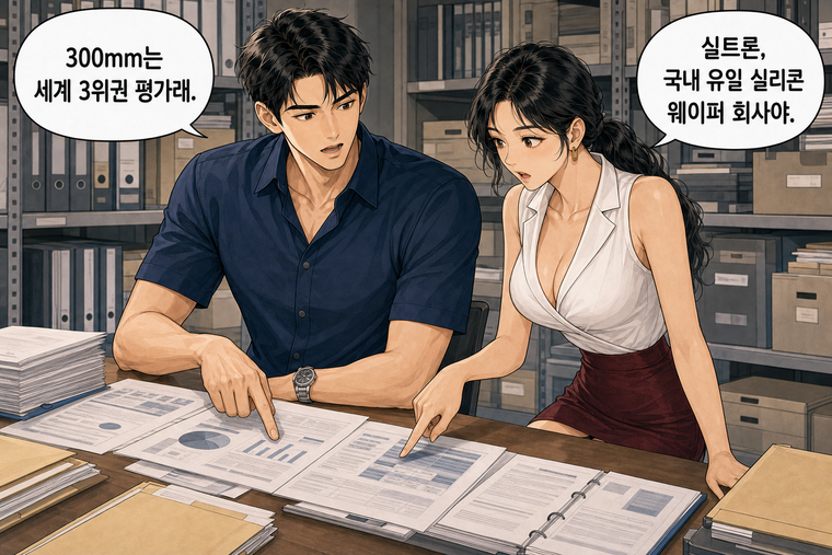 강태윤과 한서윤이 함께 등장하는 웹툰 4컷. 한서윤: 실트론, 국내 유일 실리콘 웨이퍼 회사야. 강태윤: 300mm는 세계 3위권 평가래.
