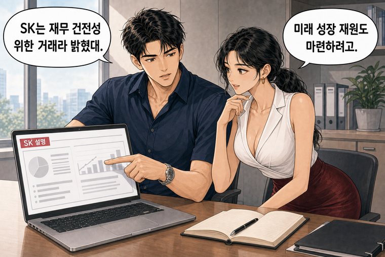 강태윤과 한서윤이 함께 등장하는 웹툰 5컷. 강태윤: SK는 재무 건전성 위한 거래라 밝혔대. 한서윤: 미래 성장 재원도 마련하려고.