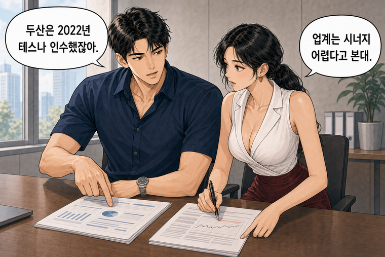 강태윤과 한서윤이 함께 등장하는 웹툰 6컷. 강태윤: 두산은 2022년 테스나 인수했잖아. 한서윤: 업계는 시너지 어렵다고 본대.