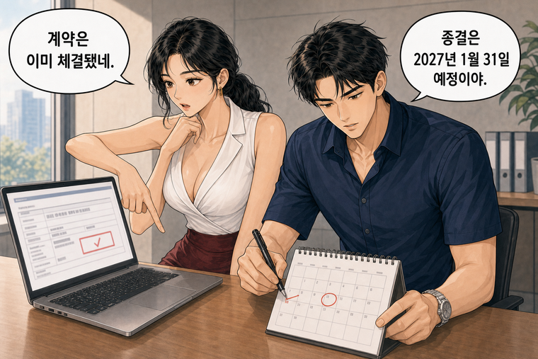 강태윤과 한서윤이 함께 등장하는 웹툰 7컷. 한서윤: 계약은 이미 체결됐네. 강태윤: 종결은 2027년 1월 31일 예정이야.