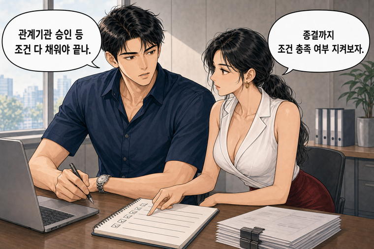 강태윤과 한서윤이 함께 등장하는 웹툰 8컷. 강태윤: 관계기관 승인 등 조건 다 채워야 끝나. 한서윤: 종결까지 조건 충족 여부 지켜보자.