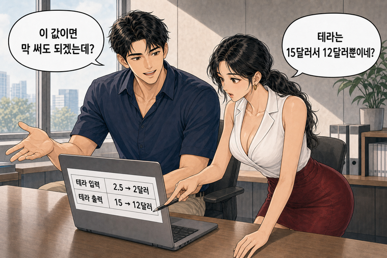 강태윤과 한서윤이 함께 등장하는 웹툰 2컷. 강태윤: 이 값이면 막 써도 되겠는데? 한서윤: 테라는 15달러서 12달러뿐이네?