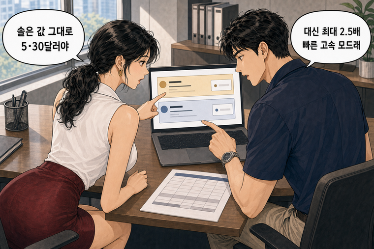 강태윤과 한서윤이 함께 등장하는 웹툰 3컷. 한서윤: 솔은 값 그대로 5·30달러야 강태윤: 대신 최대 2.5배 빠른 고속 모드래