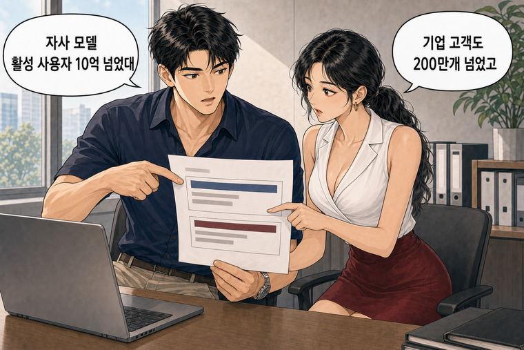 강태윤과 한서윤이 함께 등장하는 웹툰 4컷. 강태윤: 자사 모델 활성 사용자 10억 넘었대 한서윤: 기업 고객도 200만개 넘었고