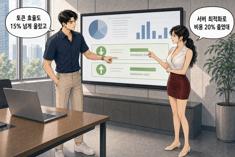 강태윤과 한서윤이 함께 등장하는 웹툰 5컷. 한서윤: 서버 최적화로 비용 20% 줄였대 강태윤: 토큰 효율도 15% 넘게 올랐고