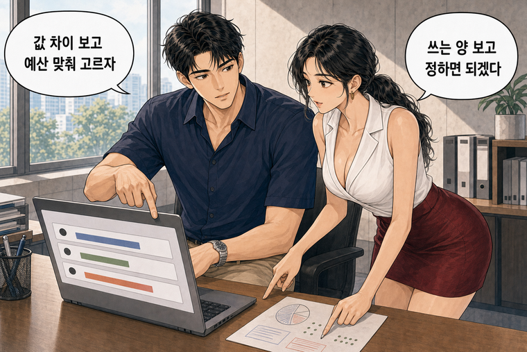 강태윤과 한서윤이 함께 등장하는 웹툰 6컷. 강태윤: 값 차이 보고 예산 맞춰 고르자 한서윤: 쓰는 양 보고 정하면 되겠다