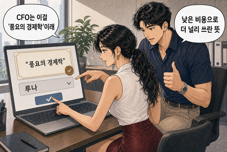 강태윤과 한서윤이 함께 등장하는 웹툰 7컷. 한서윤: CFO는 이걸 '풍요의 경제학'이래 강태윤: 낮은 비용으로 더 널리 쓰란 뜻