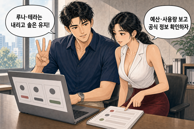 강태윤과 한서윤이 함께 등장하는 웹툰 8컷. 강태윤: 루나·테라는 내리고 솔은 유지! 한서윤: 예산·사용량 보고 공식 정보 확인하자