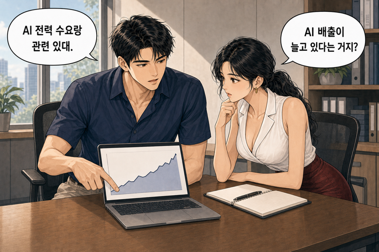 강태윤과 한서윤이 함께 등장하는 웹툰 2컷. 한서윤: AI 배출이 늘고 있다는 거지? 강태윤: AI 전력 수요랑 관련 있대.