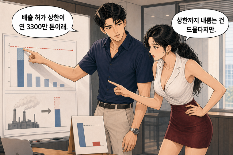 강태윤과 한서윤이 함께 등장하는 웹툰 3컷. 강태윤: 배출 허가 상한이 연 3300만 톤이래. 한서윤: 상한까지 내뿜는 건 드물다지만.