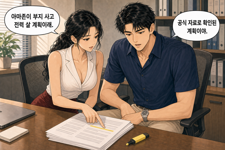 강태윤과 한서윤이 함께 등장하는 웹툰 4컷. 한서윤: 아마존이 부지 사고 전력 살 계획이래. 강태윤: 공식 자료로 확인된 계획이야.