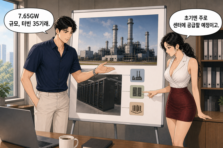 강태윤과 한서윤이 함께 등장하는 웹툰 5컷. 강태윤: 7.65GW 규모, 터빈 35기래. 한서윤: 초기엔 주로 센터에 공급할 예정이고.