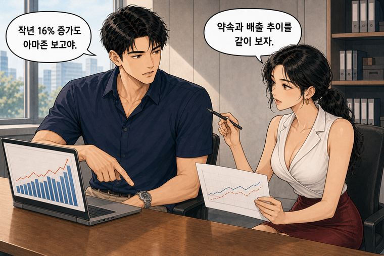 강태윤과 한서윤이 함께 등장하는 웹툰 6컷. 한서윤: 약속과 배출 추이를 같이 보자. 강태윤: 작년 16% 증가도 아마존 보고야.