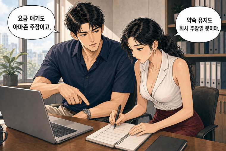 강태윤과 한서윤이 함께 등장하는 웹툰 7컷. 한서윤: 약속 유지도 회사 주장일 뿐이야. 강태윤: 요금 얘기도 아마존 주장이고.