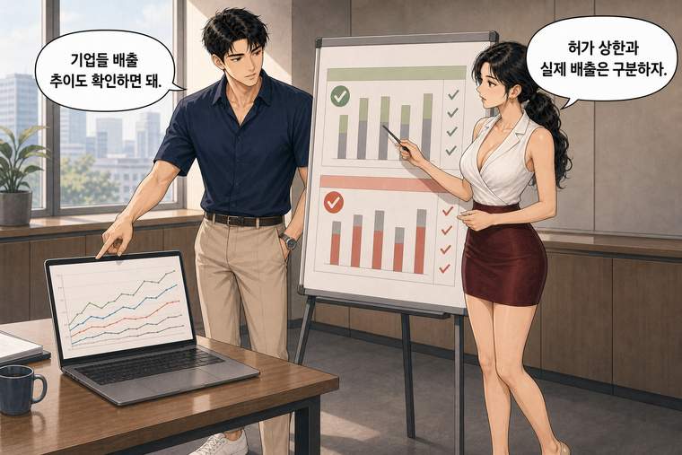 강태윤과 한서윤이 함께 등장하는 웹툰 8컷. 한서윤: 허가 상한과 실제 배출은 구분하자. 강태윤: 기업들 배출 추이도 확인하면 돼.